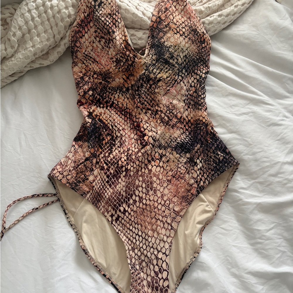 Textured Snake-Print One-Piece Swimsuit in Beige and Tan